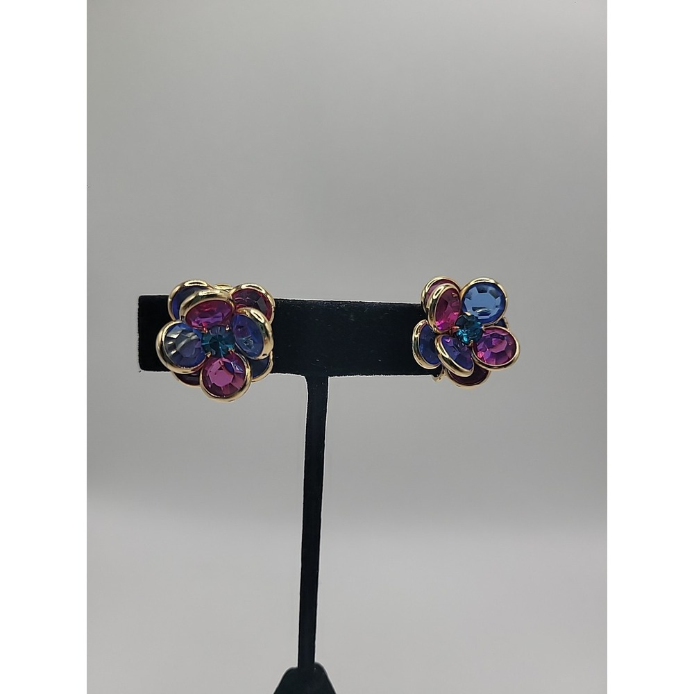 Vintage Gold Tone Rhinestone Flower Clip On Earrings Pink Blue Multicolor Retro